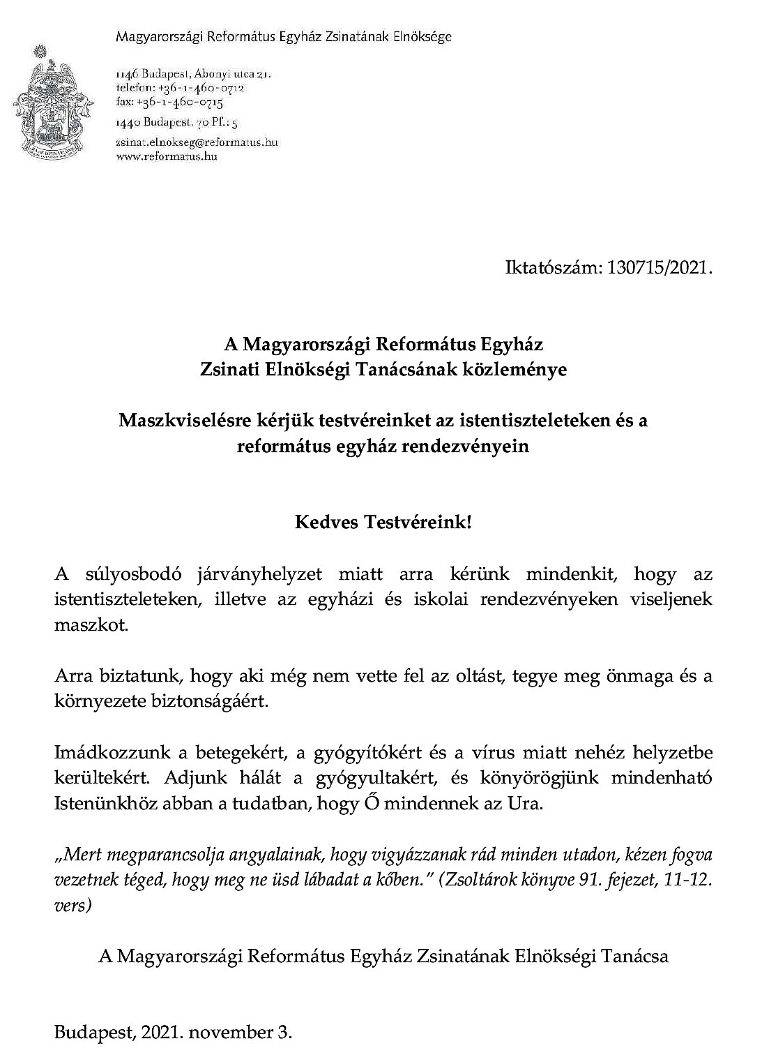 Koronavírus – Zsinati felhívás ’21