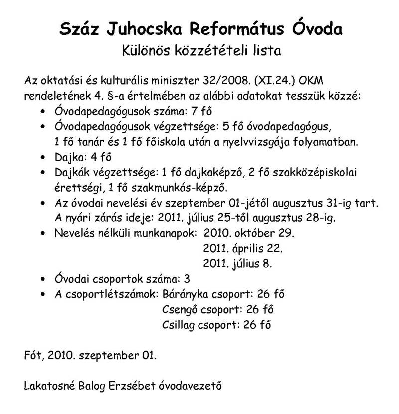 Óvoda közzétételi listája
